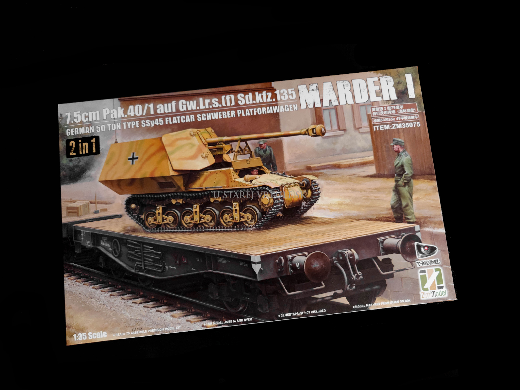 7.5cm PAK.40/1 auf. Gw.Lr.s.(f) Sd.Kfz.135 Marder I German 50 ton type SSy45 Flatcar Schwerer Platformwagen 1/35 - rozbalený