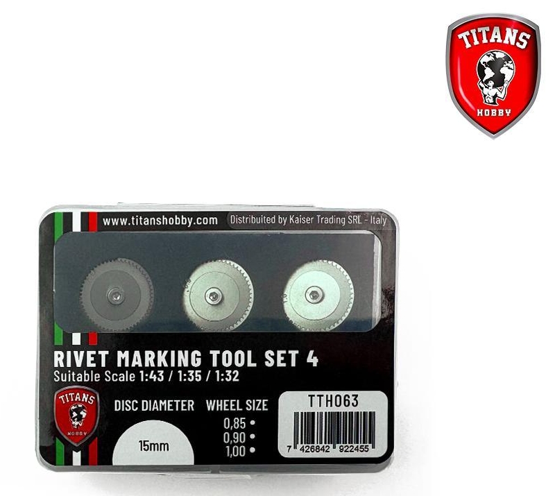 TITANS HOBBY: RIVET MAKER TOOL SET #4 for scales 1:43/1:35/1:32 - 3 wheels diam.15mm x mm. 0.85/0.90/1.00