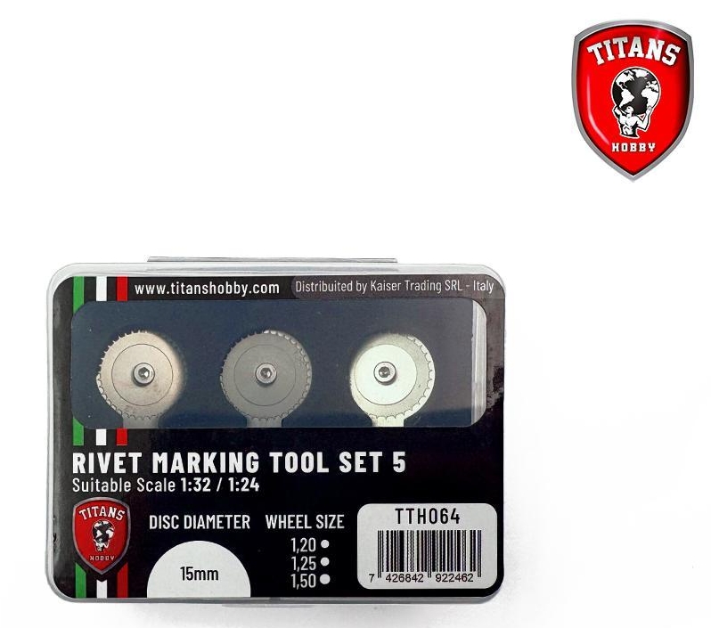 TITANS HOBBY: Set #5 Di Utensili Per Rivetti - 3 Rotelle diam.15mm per scala 1:32/1:24 x mm. 1.20/1.25/1.50