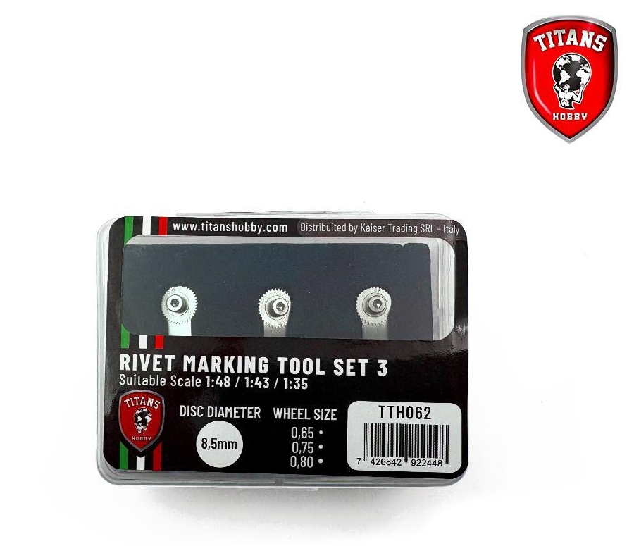 RIVET MAKER TOOL SET #3 for scales 1:48/1:43/1:35 - 3 wheels diam.8,5mm x mm. 0.65/0.75/0.80